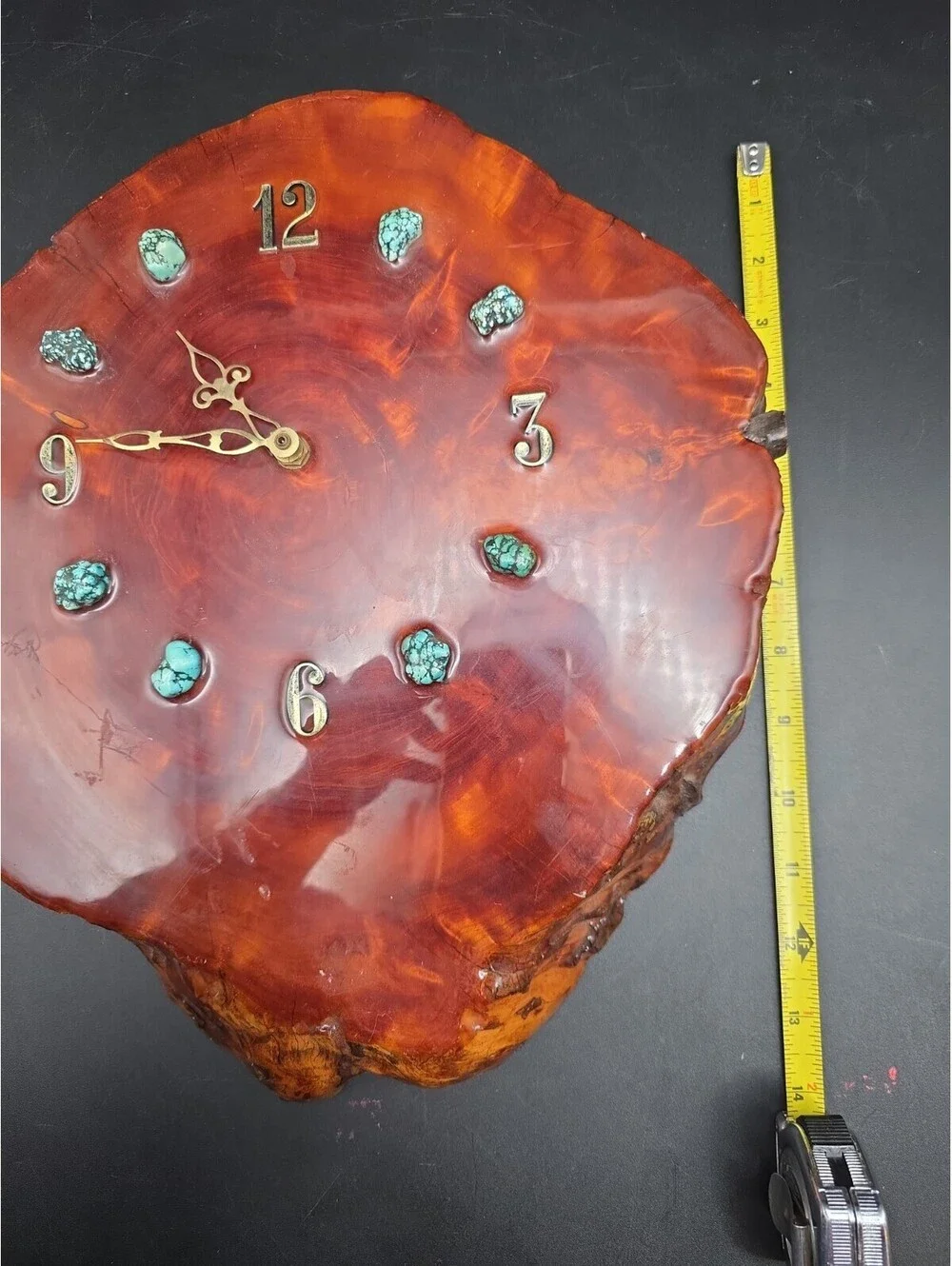 Vintage 1970's Antique Wood Slab Turquoise Stone  Clock